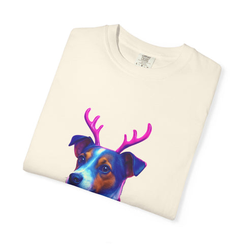 Jack Russell in Reindeer Sweater T-shirt | Neon Holiday Dog Design