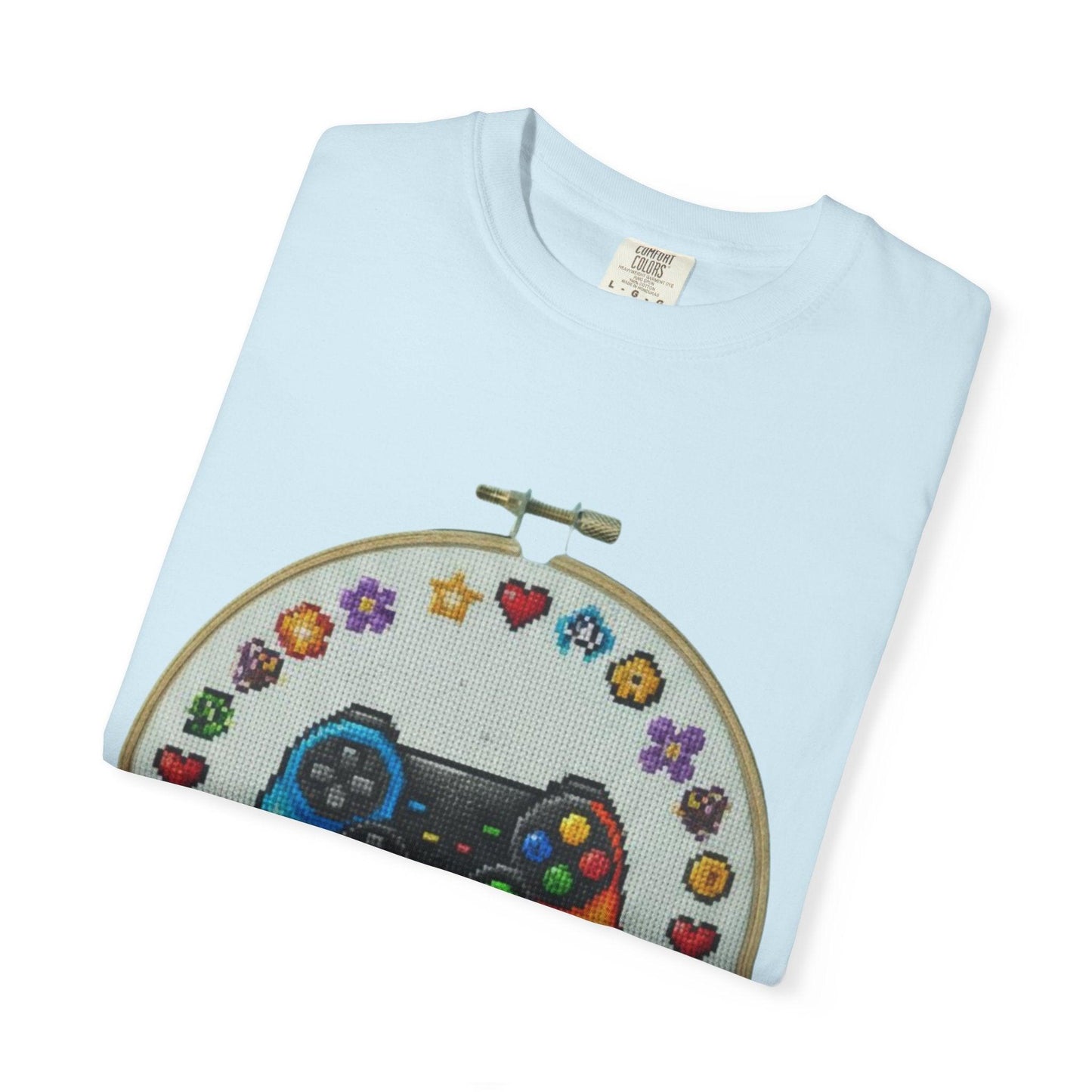 Rainbow Game Controller embroidery hoop T-Shirt | Gamer cross stitch design