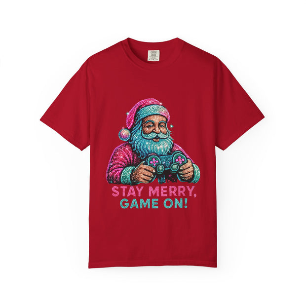Stay Merry Game On Santa T-Shirt | Christmas Gaming Tee