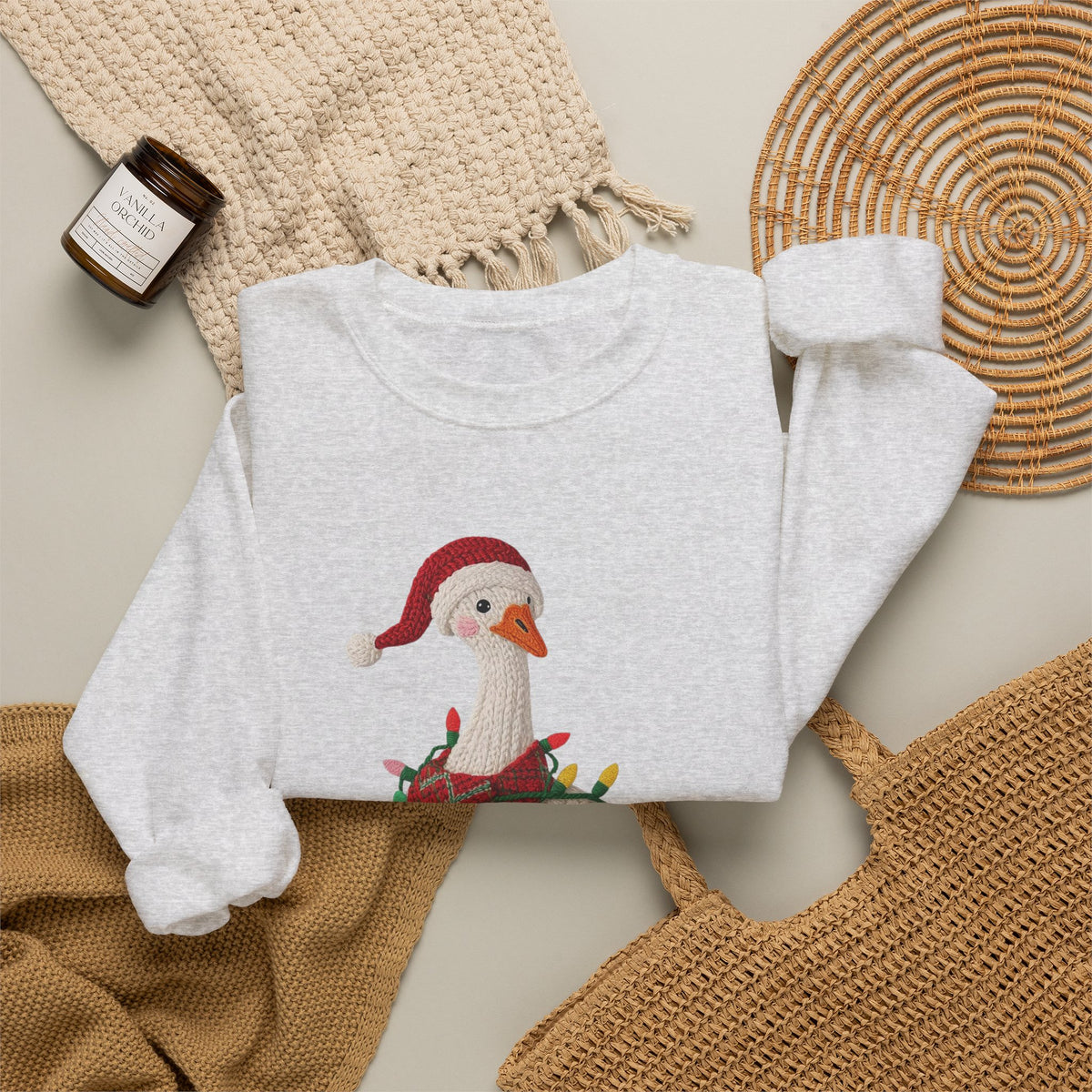 Christmas Goose Wearing Santa Hat Crewneck Sweatshirt | Holiday Duck in Lights