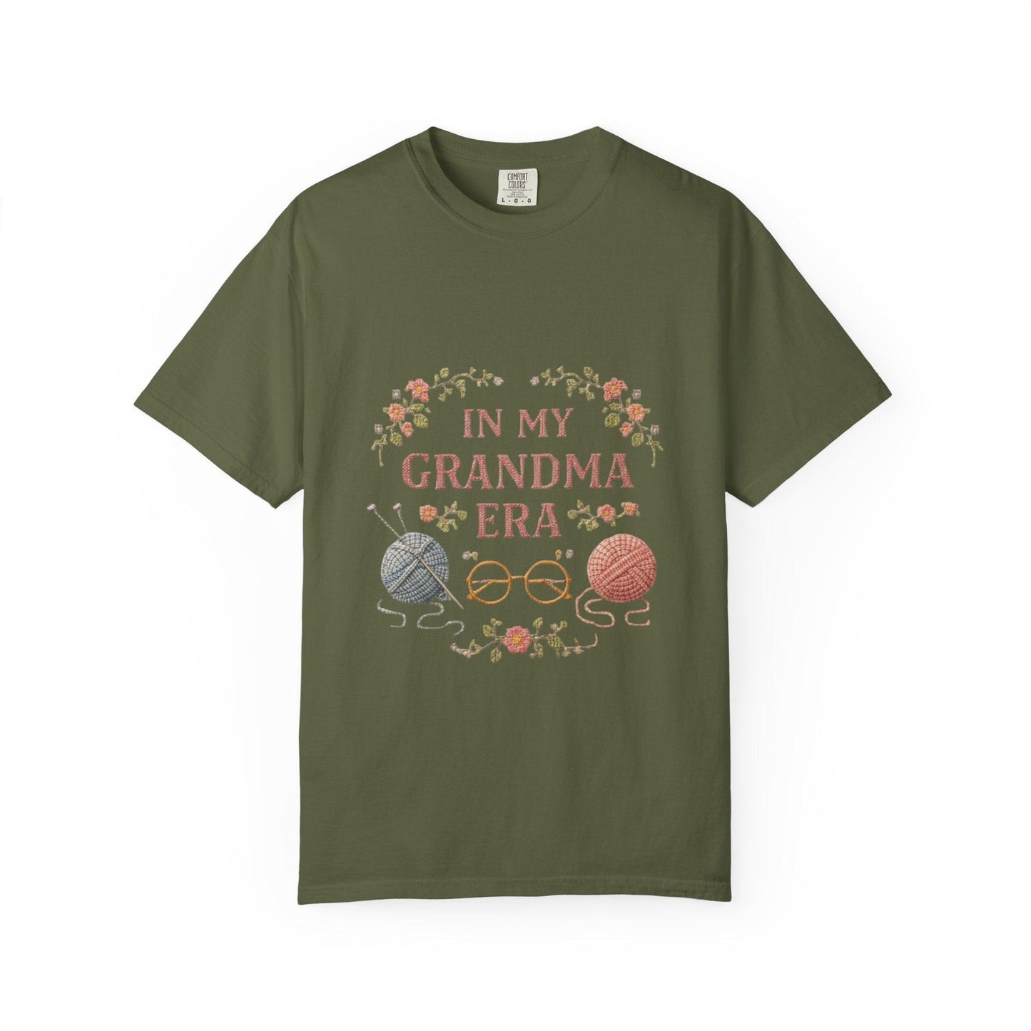 In My Grandma Era knitting balls glasses T-shirt | vintage floral knit design