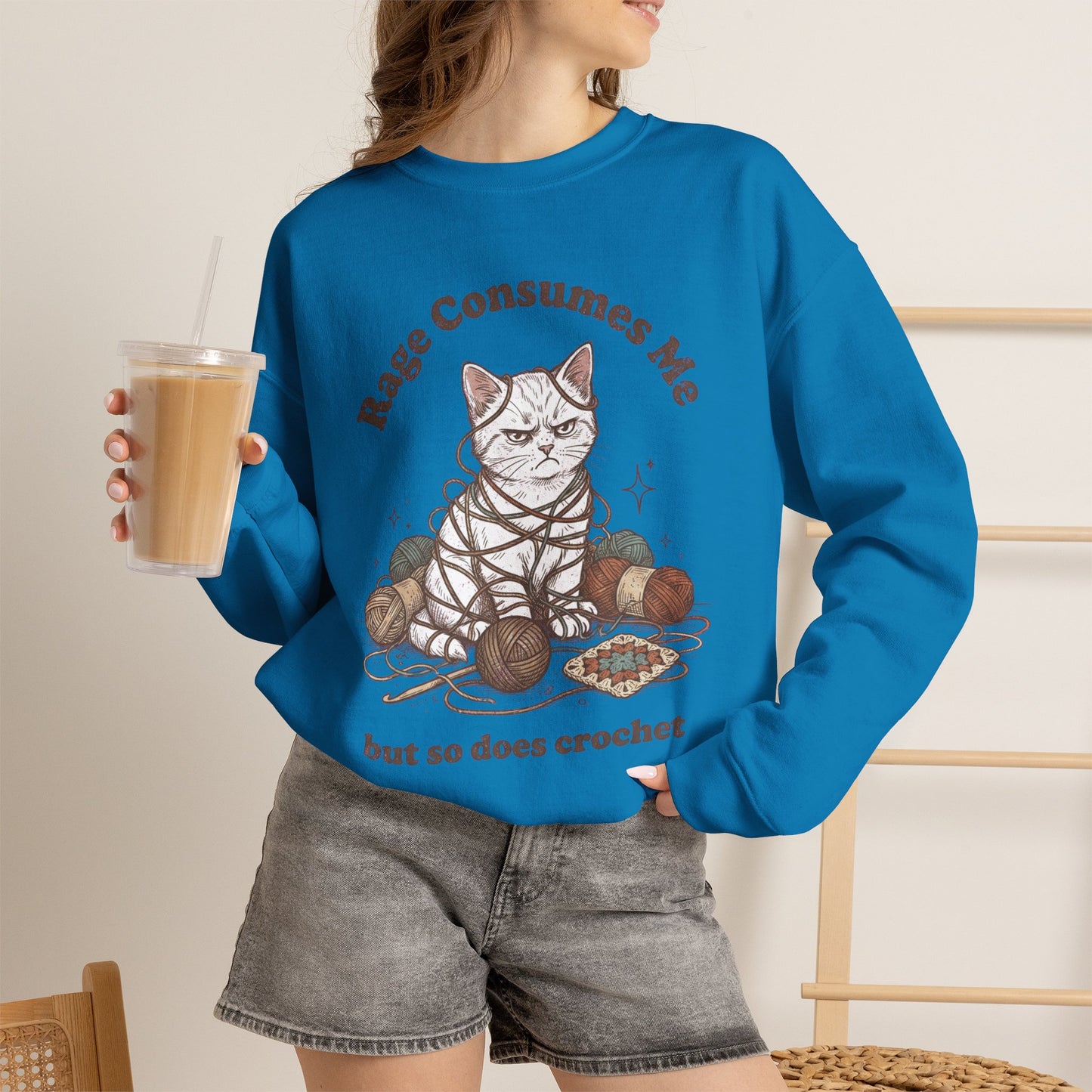 Rage Consumes Me Crochet Cat Shirt, Funny Knitting Tee, Grandma Hobbies Sweatshirt