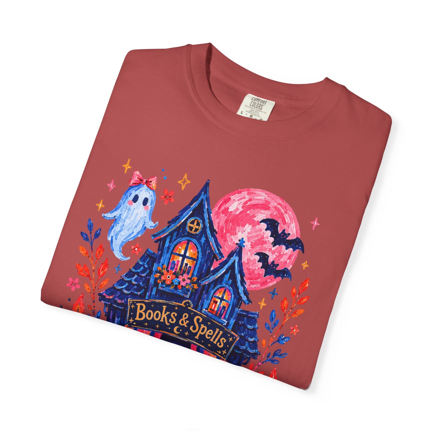 Books & Spells T-Shirt, Witchy Bookstore Halloween Shirt, Cozy Book Lover Tee, Black Cat Ghost Pumpkin Graphic, Booktok Fall Shirt