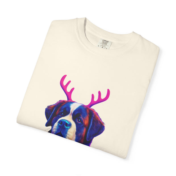 Saint Bernard in Reindeer Antlers T-Shirt | Holiday Dog Sweater Design