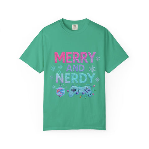 Merry and Nerdy T-Shirt, Unisex Gamer Tee, Holiday Gaming Shirt, Fun Christmas Apparel, Gift for Nerds, Cozy Casual Style