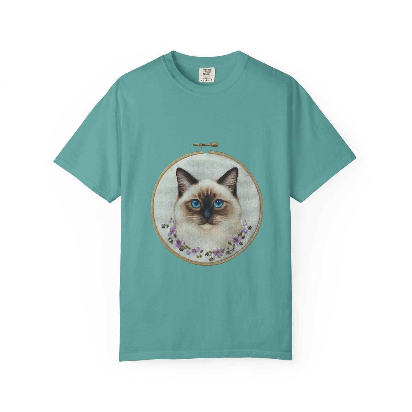 Blue-Eyed Siamese Cat Portrait T-Shirt | Embroidery Hoop Floral Design