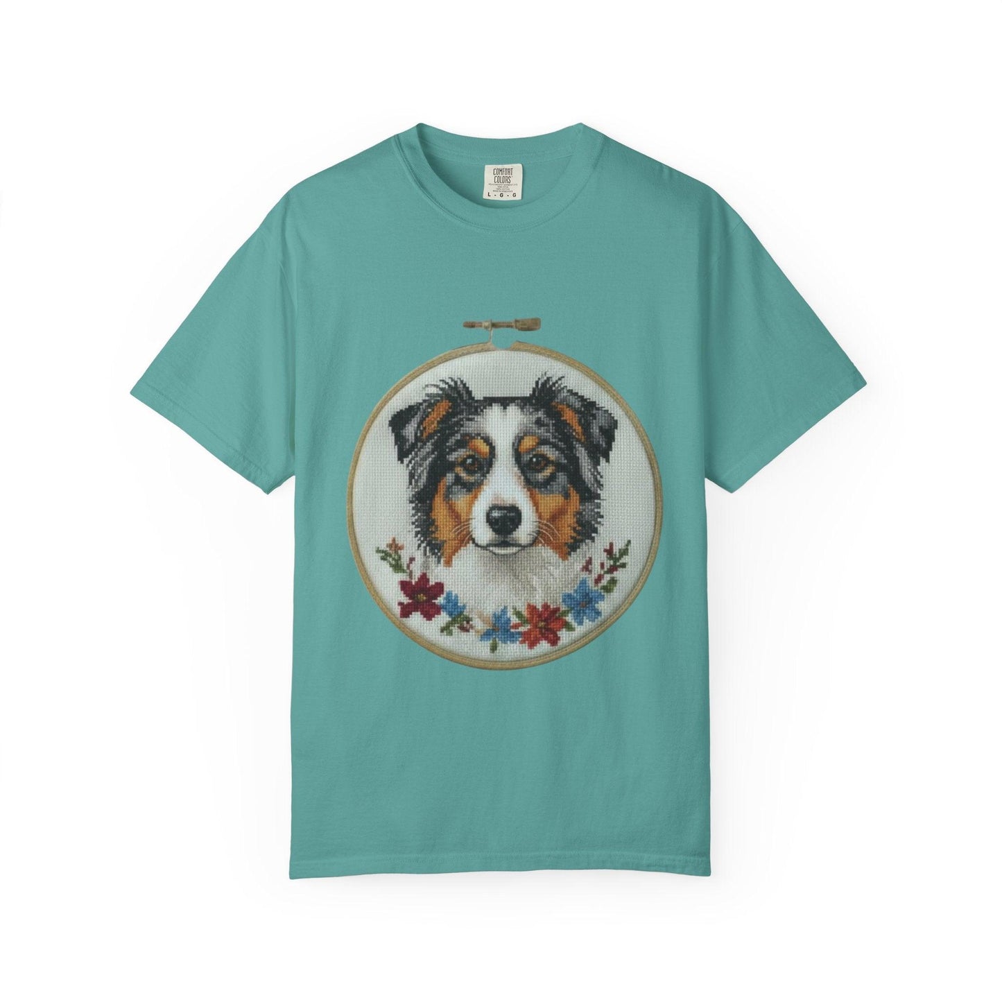 Australian Shepherd Portrait T-shirt | Embroidery Hoop Floral Design
