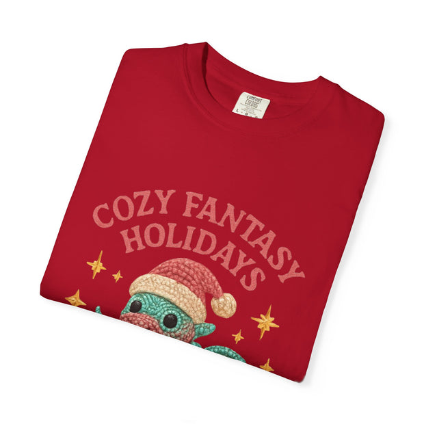 Cozy Fantasy Holidays Tee, Unisex Christmas T-shirt, Cute Dragon Apparel, Holiday Gift, Festive Graphic Tee