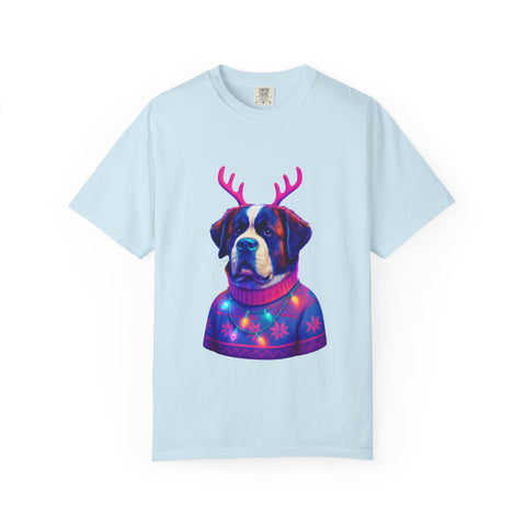 Saint Bernard in Reindeer Antlers T-Shirt | Holiday Dog Sweater Design