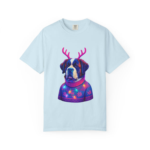 Saint Bernard in Reindeer Antlers T-Shirt | Holiday Dog Sweater Design