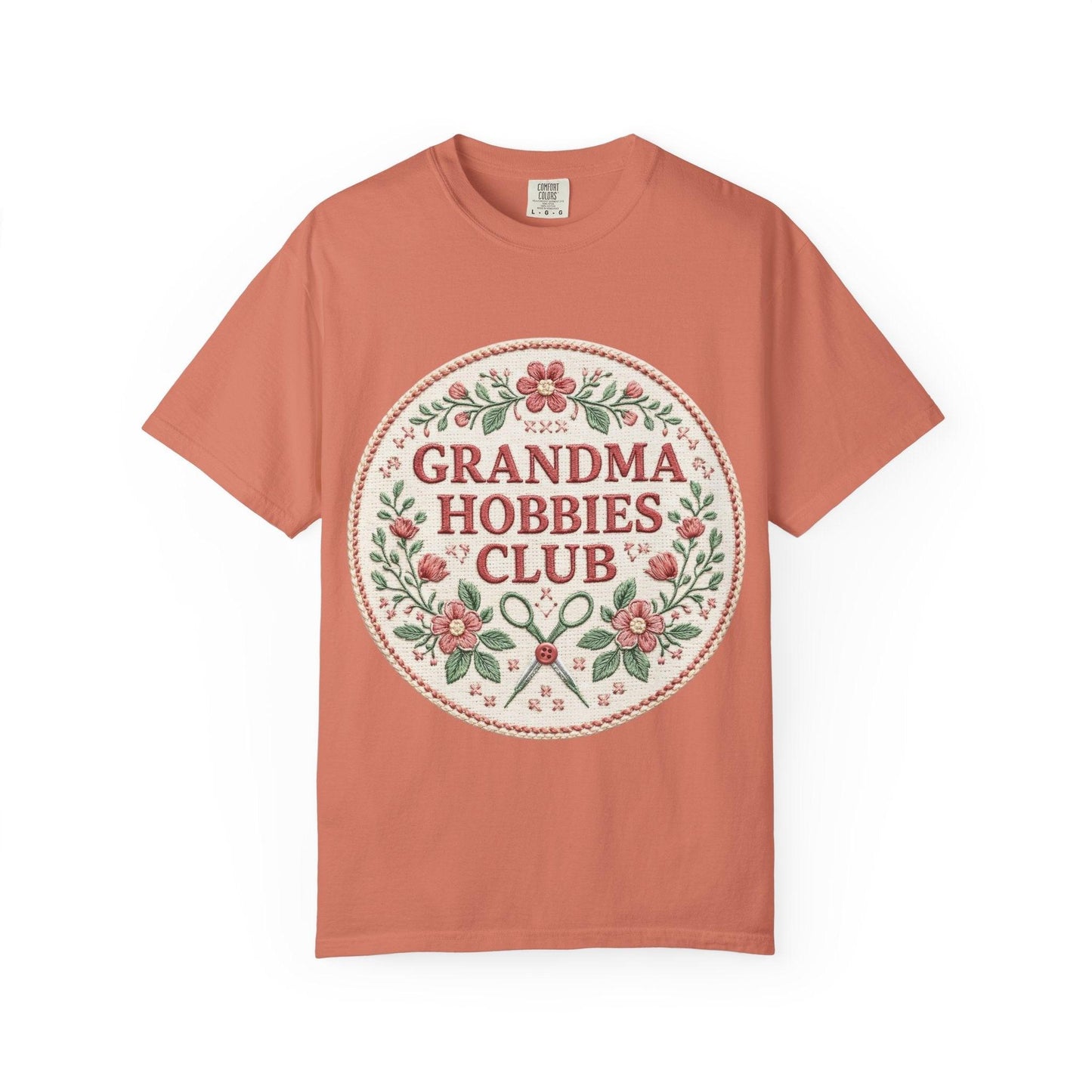 Grandma Hobbies Club T-shirt | Floral Needlework Scissors Embroidery Design