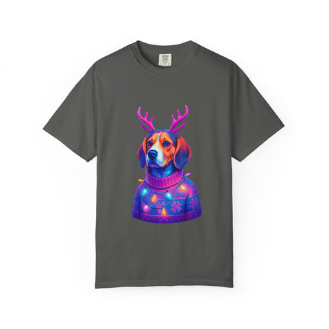 Neon Beagle in Reindeer Antlers T-Shirt | Christmas Dog Sweater Design