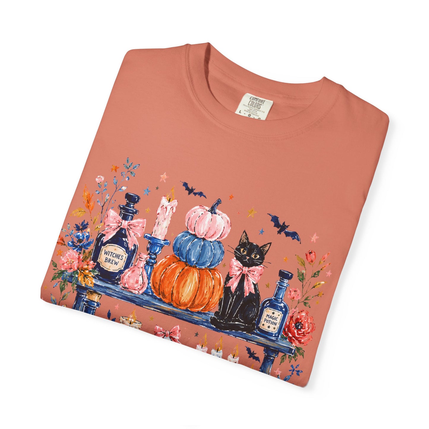 Autumn Apothecary Illustration T-shirt | Pumpkins, Black Cat, Potion Bottles
