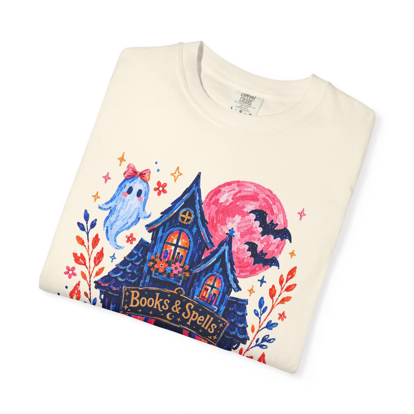Books & Spells T-Shirt, Witchy Bookstore Halloween Shirt, Cozy Book Lover Tee, Black Cat Ghost Pumpkin Graphic, Booktok Fall Shirt