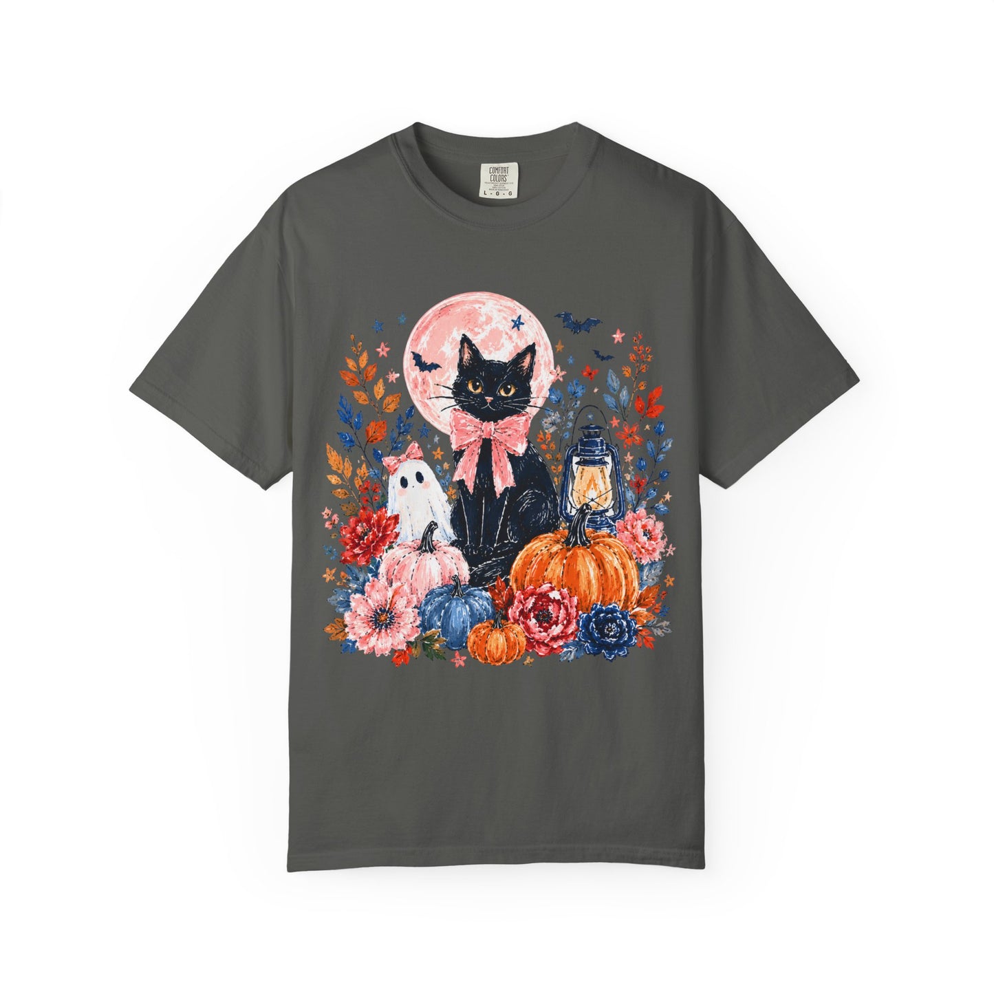 Black Cat with Pumpkins T-shirt | Halloween Moon Lantern Floral Design