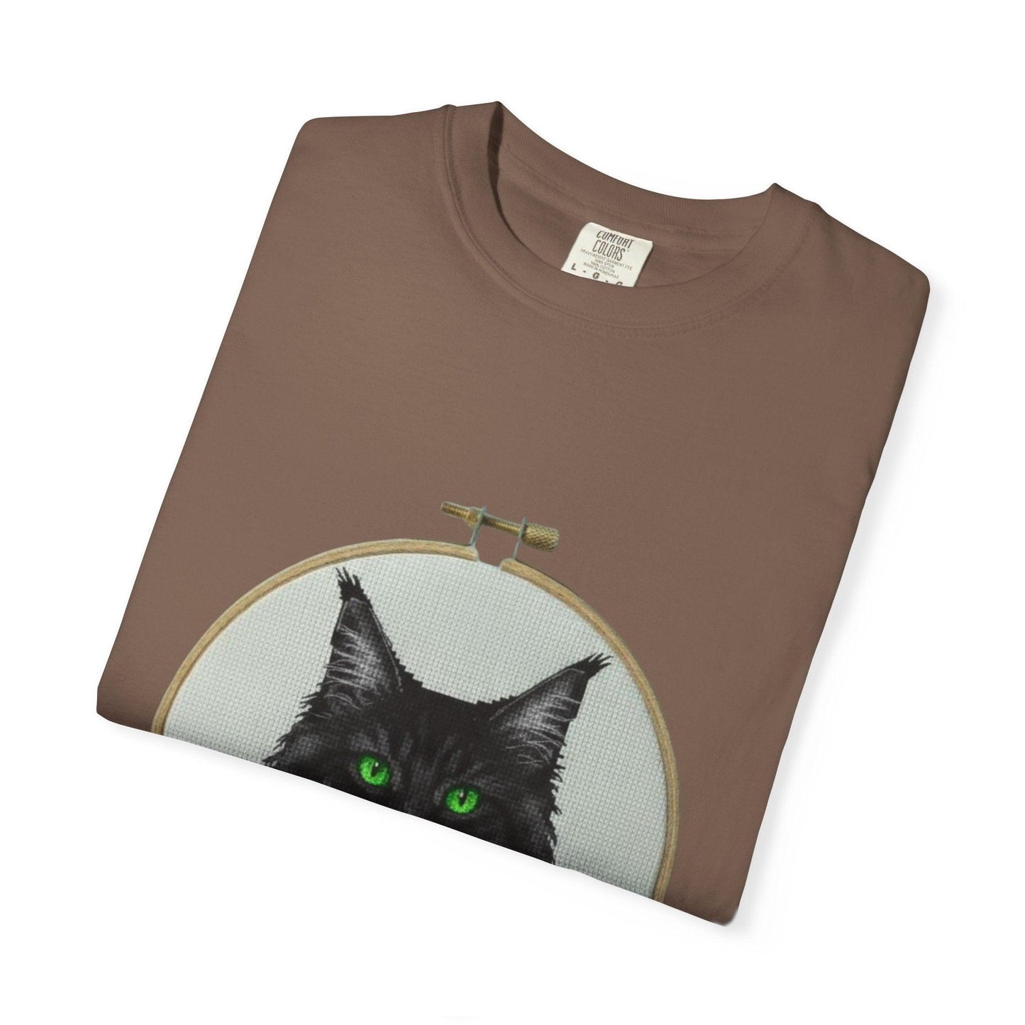 Black Cat Portrait T-Shirt | Embroidery Hoop Art, Green Eyes
