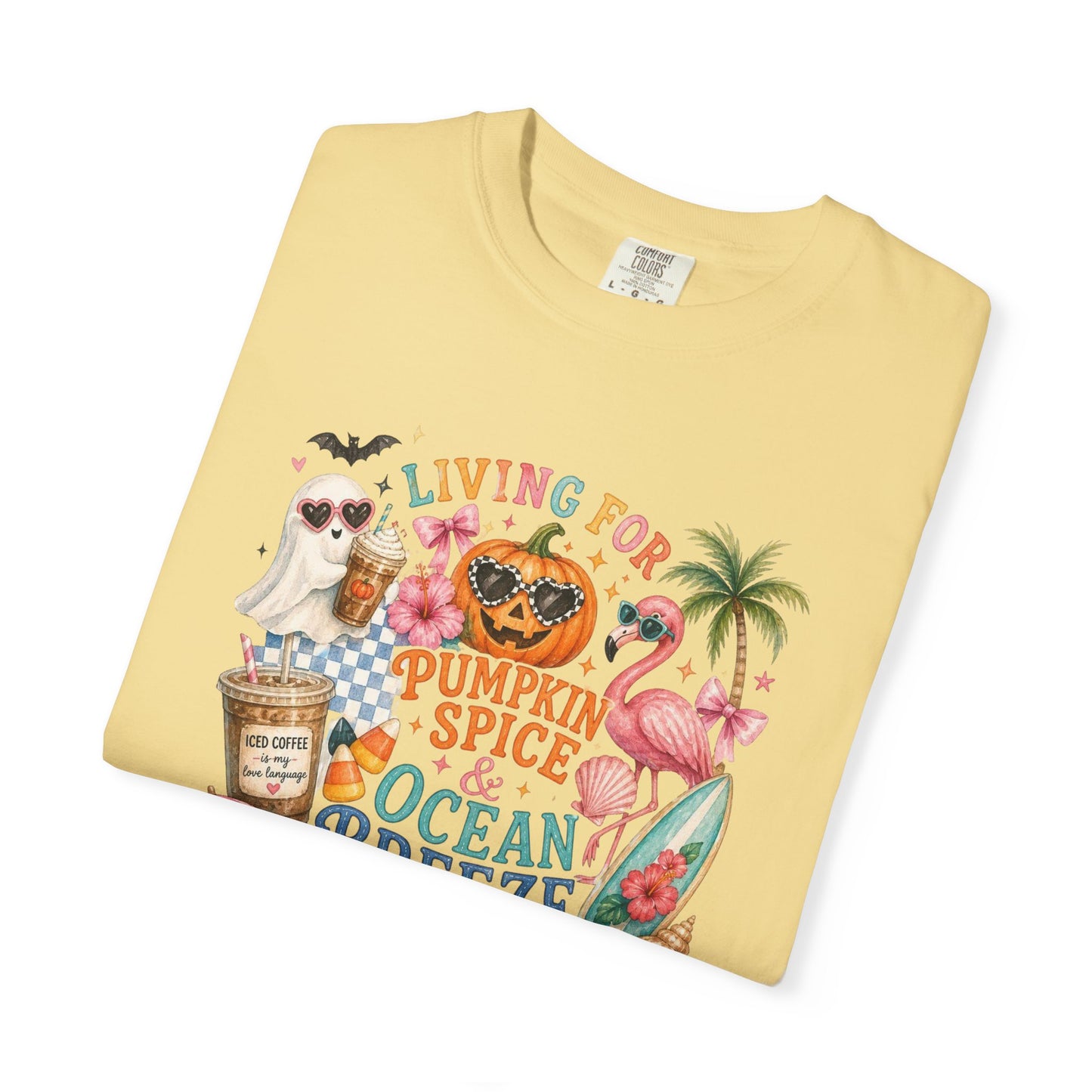 Pumpkin Spice & Ocean Breeze T-Shirt, Summerween Flamingo Shirt, Halloween Beach Tee, Tropical Spooky Season Graphic, Fall Vacation Shirt