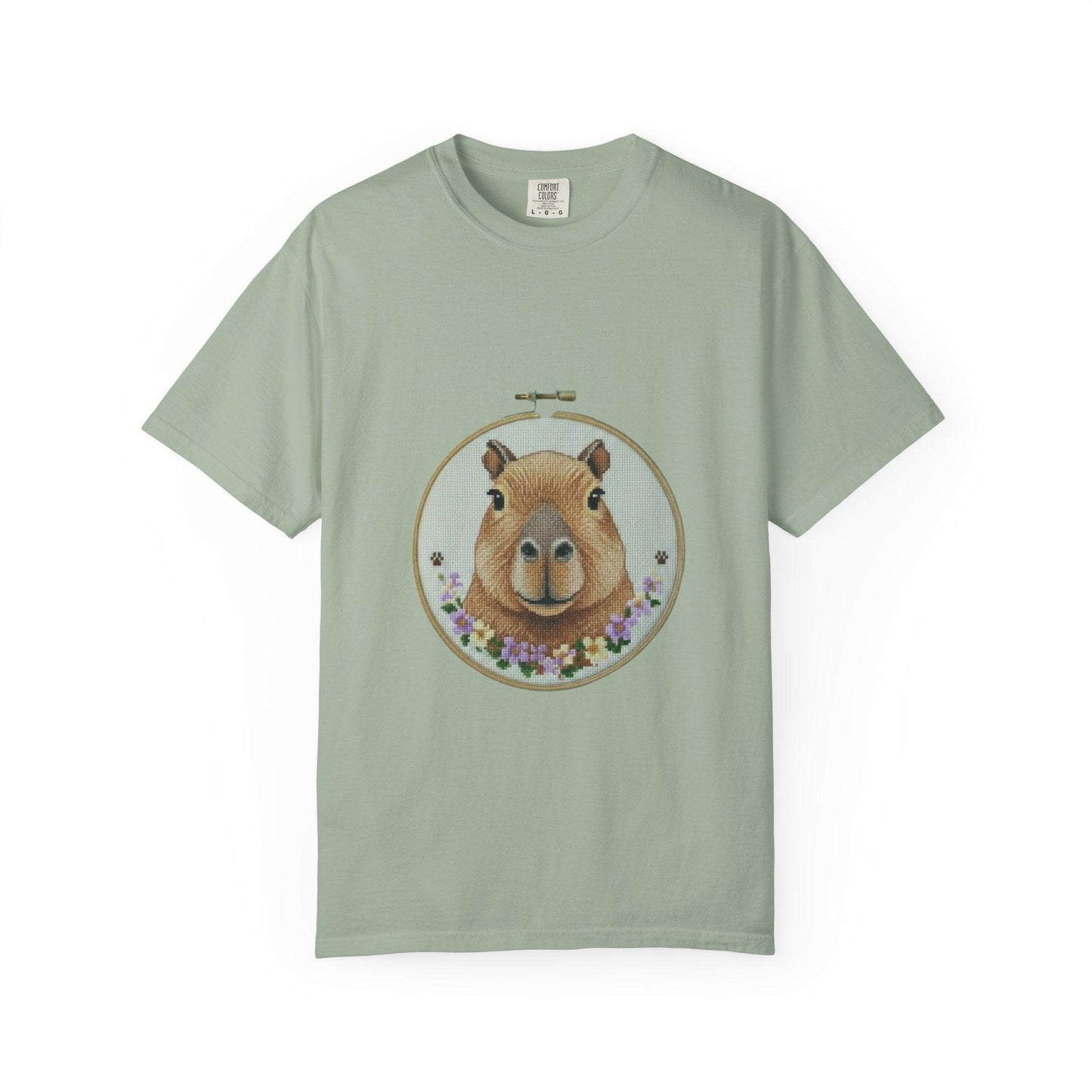 Capybara Portrait T-Shirt | Floral Embroidery Hoop Design