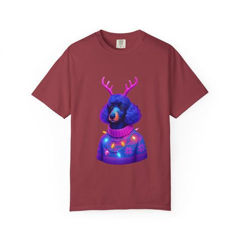 Poodle with Antlers in Light-Up Sweater T-Shirt | Neon Holiday Dog Design