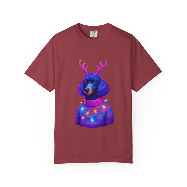 Poodle with Antlers in Light-Up Sweater T-Shirt | Neon Holiday Dog Design