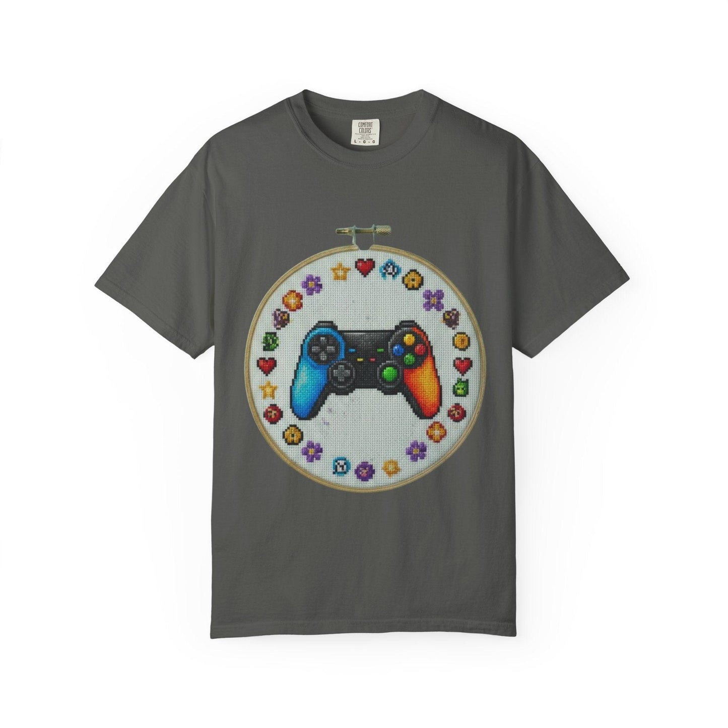 Rainbow Game Controller embroidery hoop T-Shirt | Gamer cross stitch design