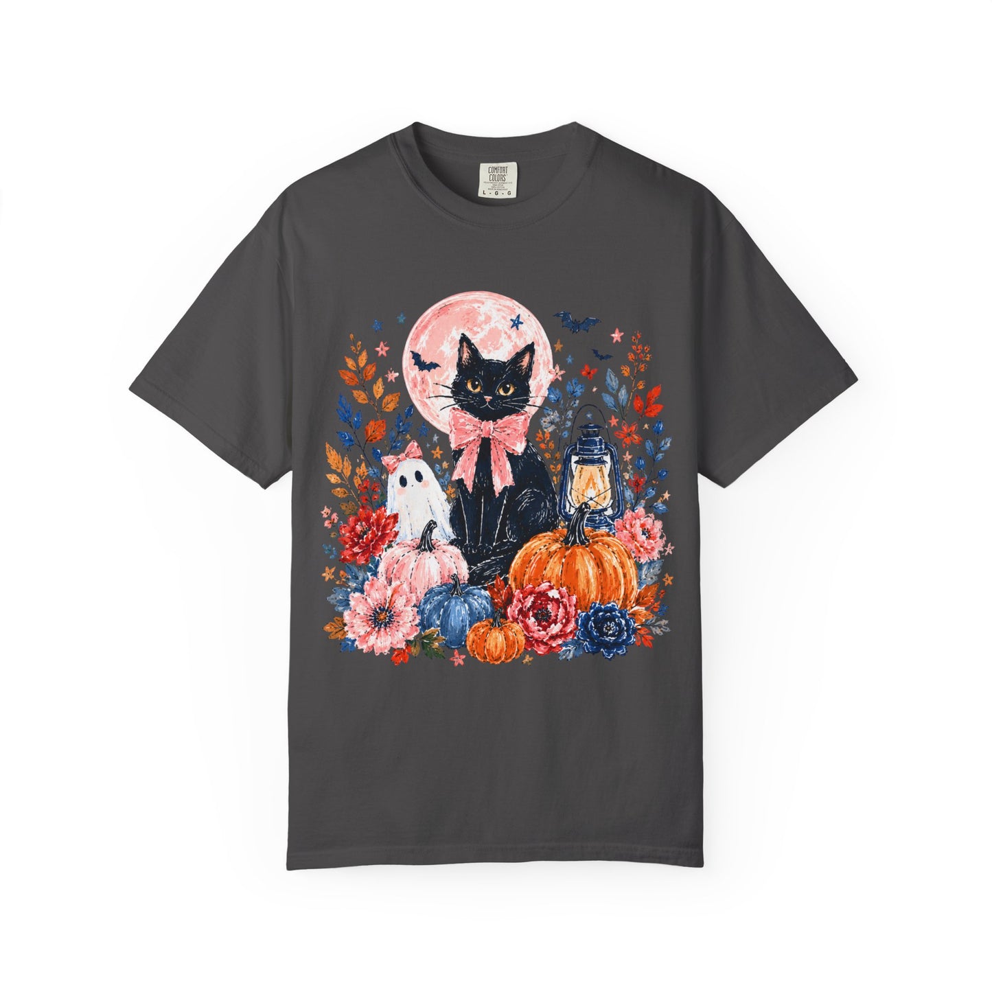 Black Cat with Pumpkins T-shirt | Halloween Moon Lantern Floral Design