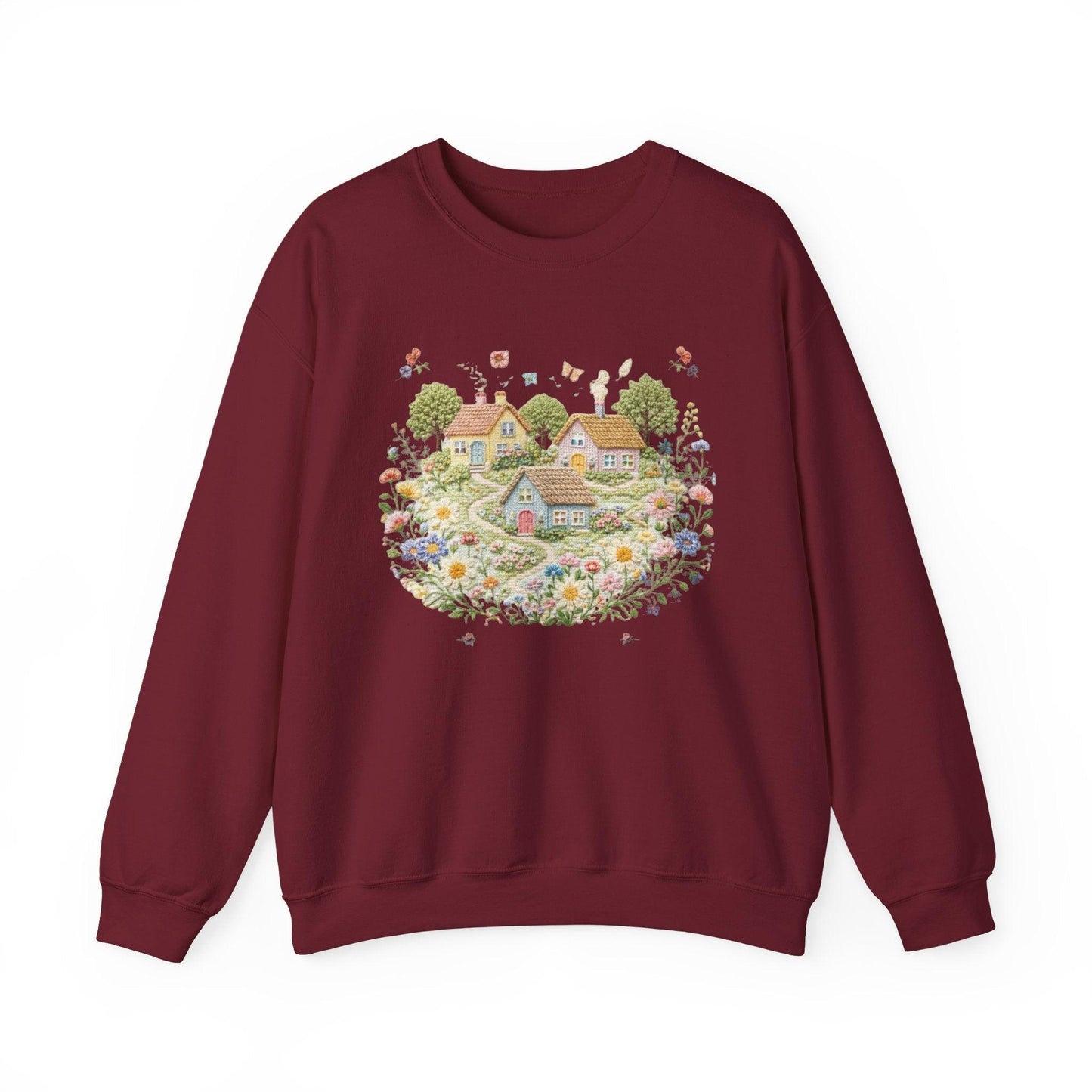 Cottage Garden Illustration Sweatshirt | Floral Village Scene, Cozy Spring