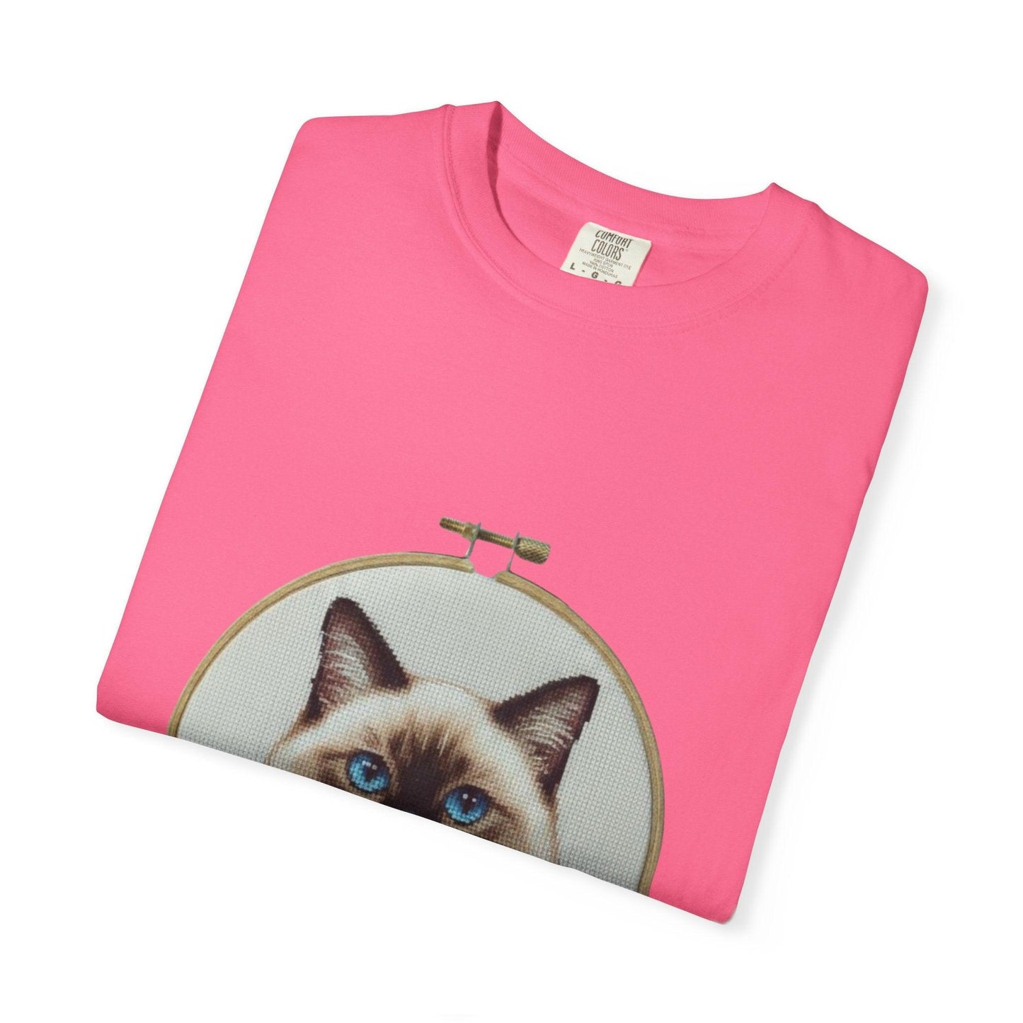 Blue-Eyed Siamese Cat Portrait T-Shirt | Embroidery Hoop Floral Design