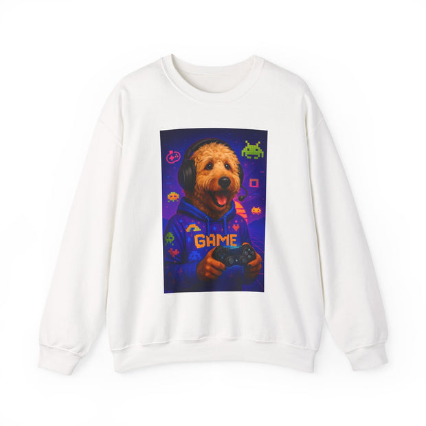 Gaming Golden Doodle Illustration Crewneck Sweatshirt | Retro Arcade Gamer