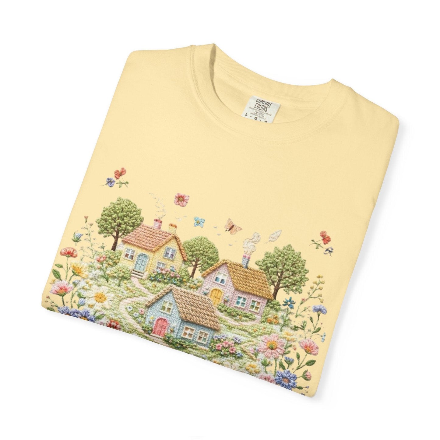 Cottage Garden Landscape T-shirt | Floral Village Illustration