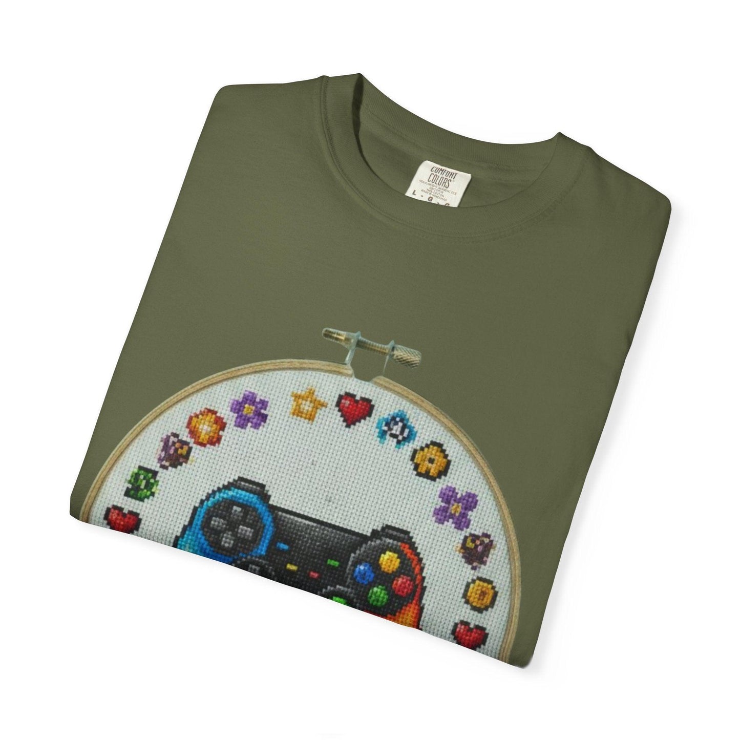 Rainbow Game Controller embroidery hoop T-Shirt | Gamer cross stitch design