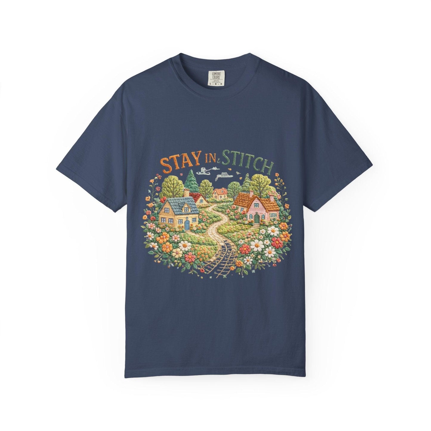 Stay In and Stitch Shirt, Cottagecore Sewing Tee, Grandma Hobbies Top, Vintage Cross Stitch Floral Village