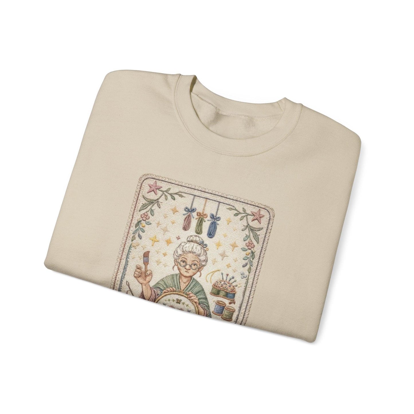 The Crafter illustration Crewneck Sweatshirt | Vintage craft tools, floral frame