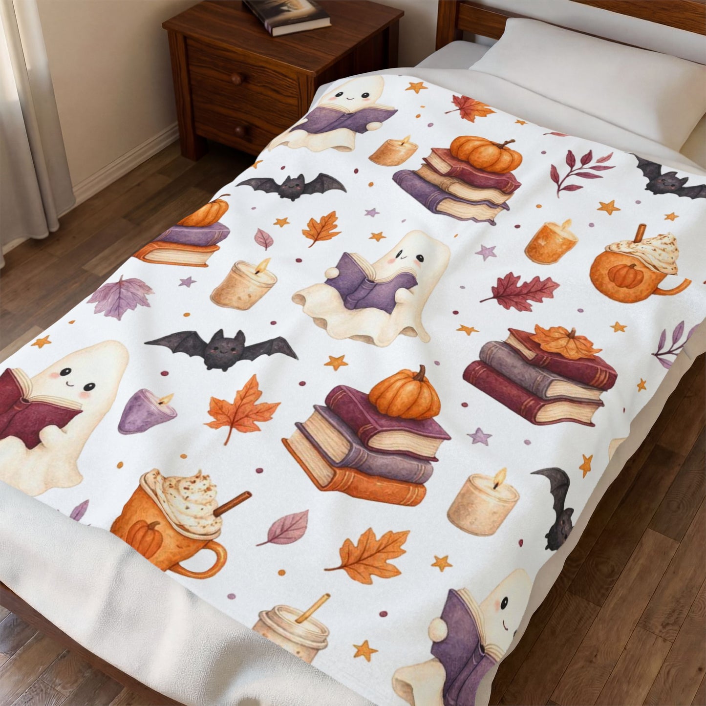Reading Ghost Pattern Velveteen Blanket, Cozy Autumn Book Lover Throw, Cute Halloween Ghost Blanket, Pumpkins Bats Fall Reading Gift