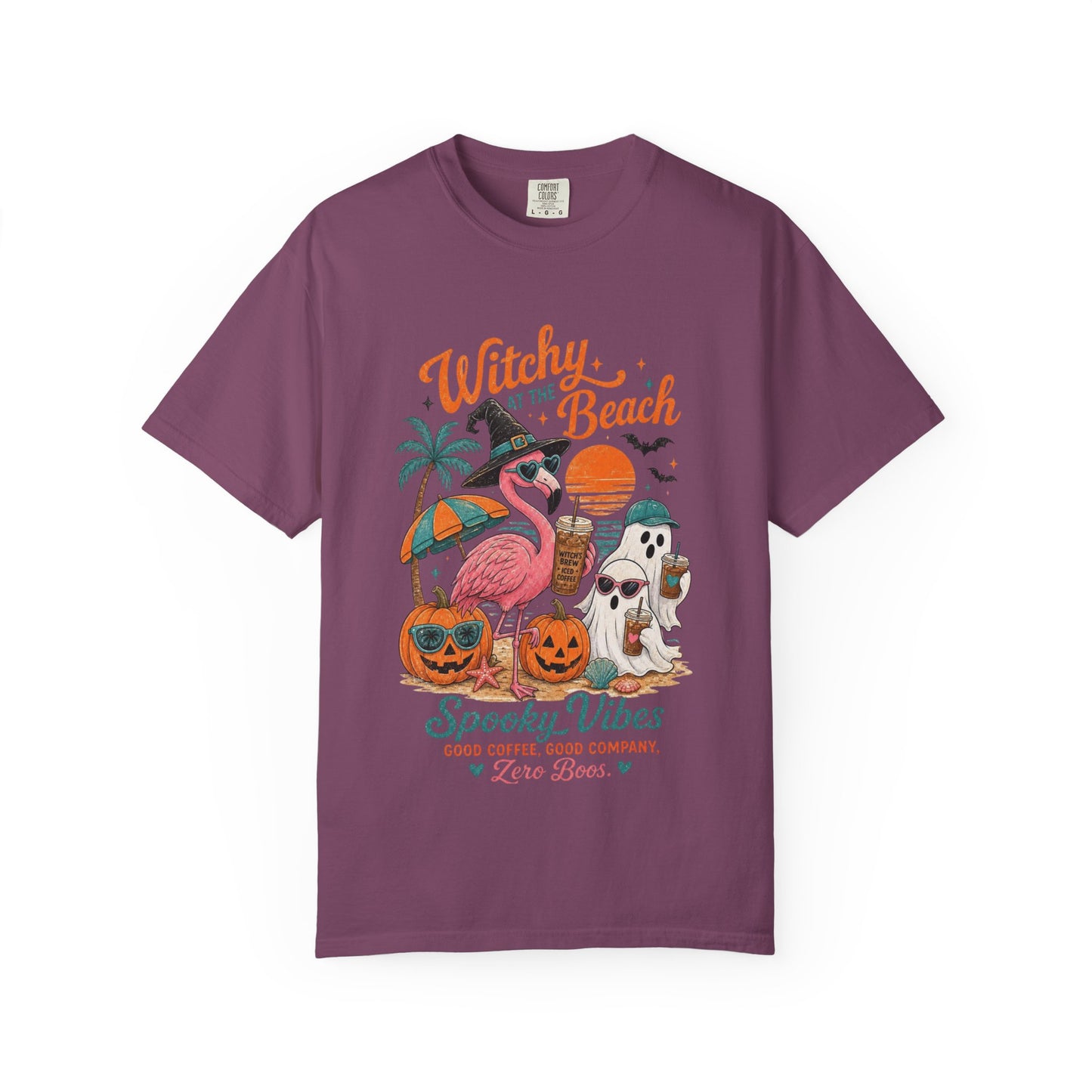 Witchy at the Beach T-shirt | Spooky Vibes Halloween Flamingo Design