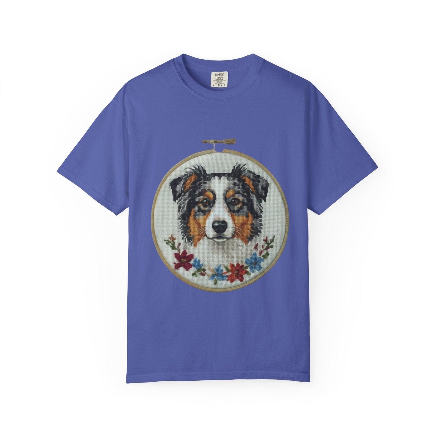 Australian Shepherd Portrait T-shirt | Embroidery Hoop Floral Design