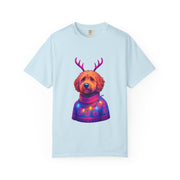 Golden Doodle in Reindeer Antler Sweater T-Shirt | Holiday Dog Portrait