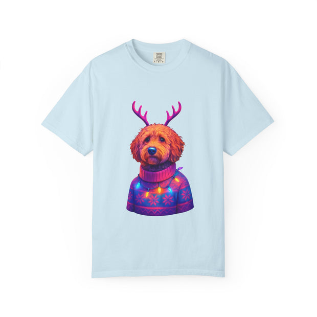 Golden Doodle in Reindeer Antler Sweater T-Shirt | Holiday Dog Portrait