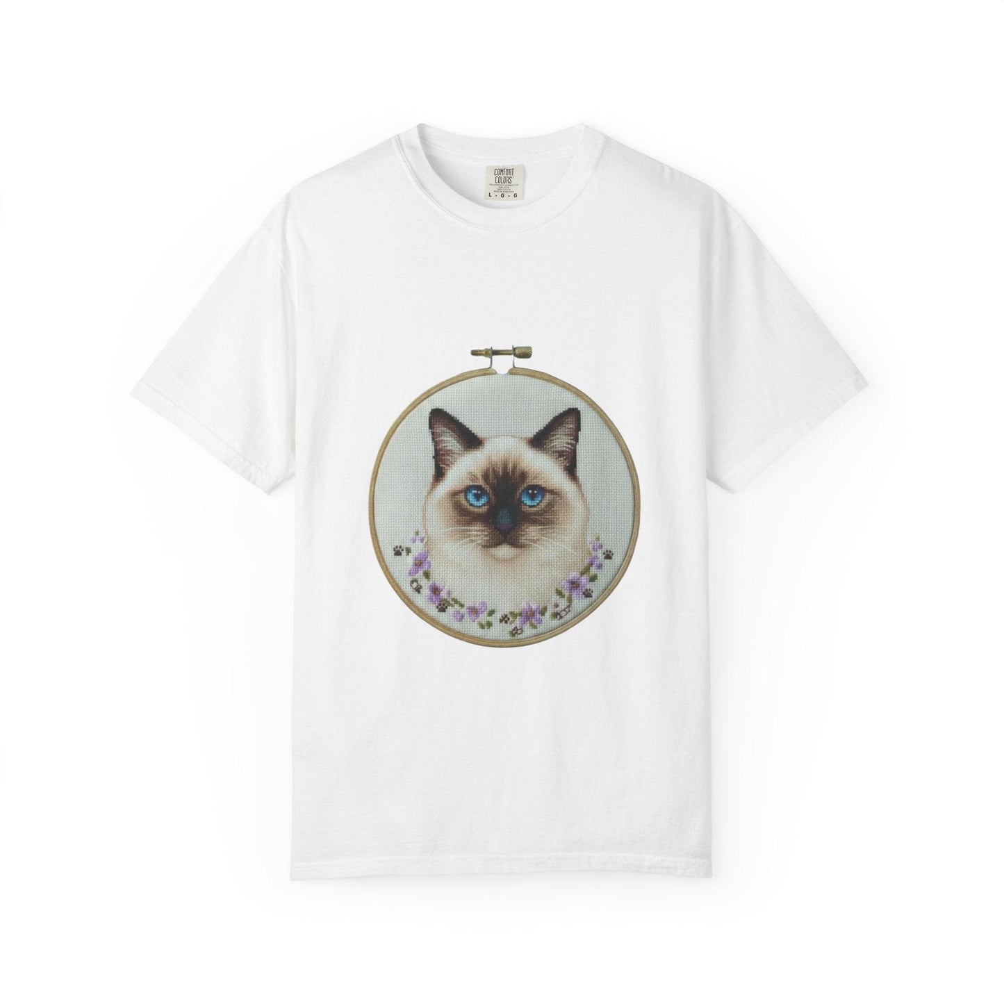 Blue-Eyed Siamese Cat Portrait T-Shirt | Embroidery Hoop Floral Design
