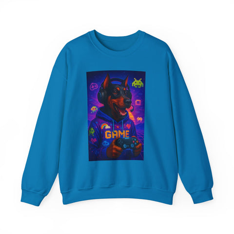 Gaming Doberman Graphic Crewneck Sweatshirt | Retro Arcade Dog Gamer