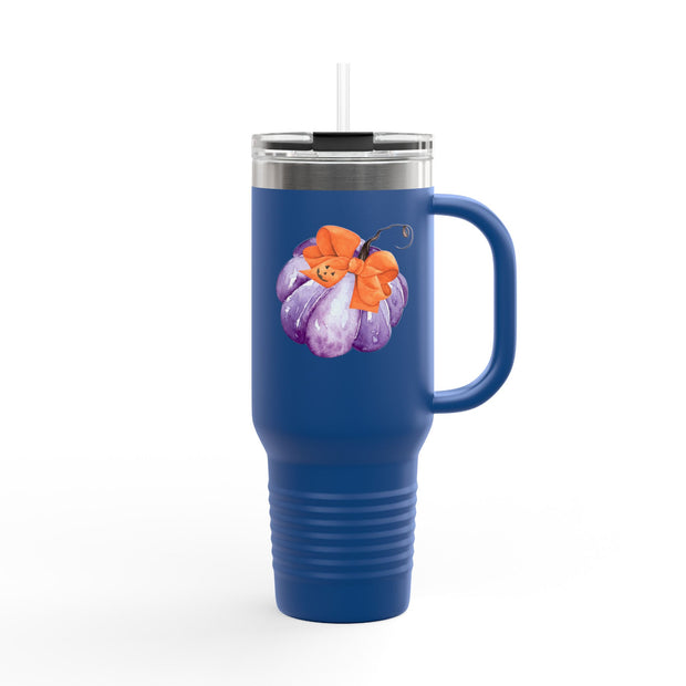 Purple Pumpkin Wrapped In A Bow Insulated Travel Mug, 40oz