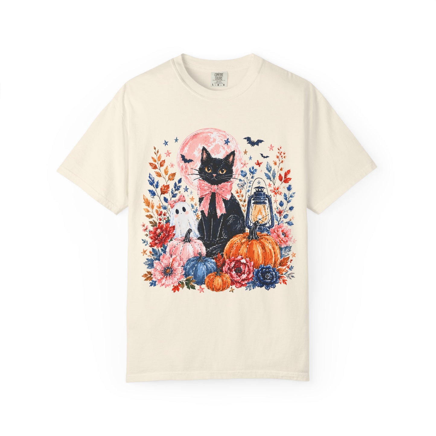 Black Cat with Pumpkins T-shirt | Halloween Moon Lantern Floral Design