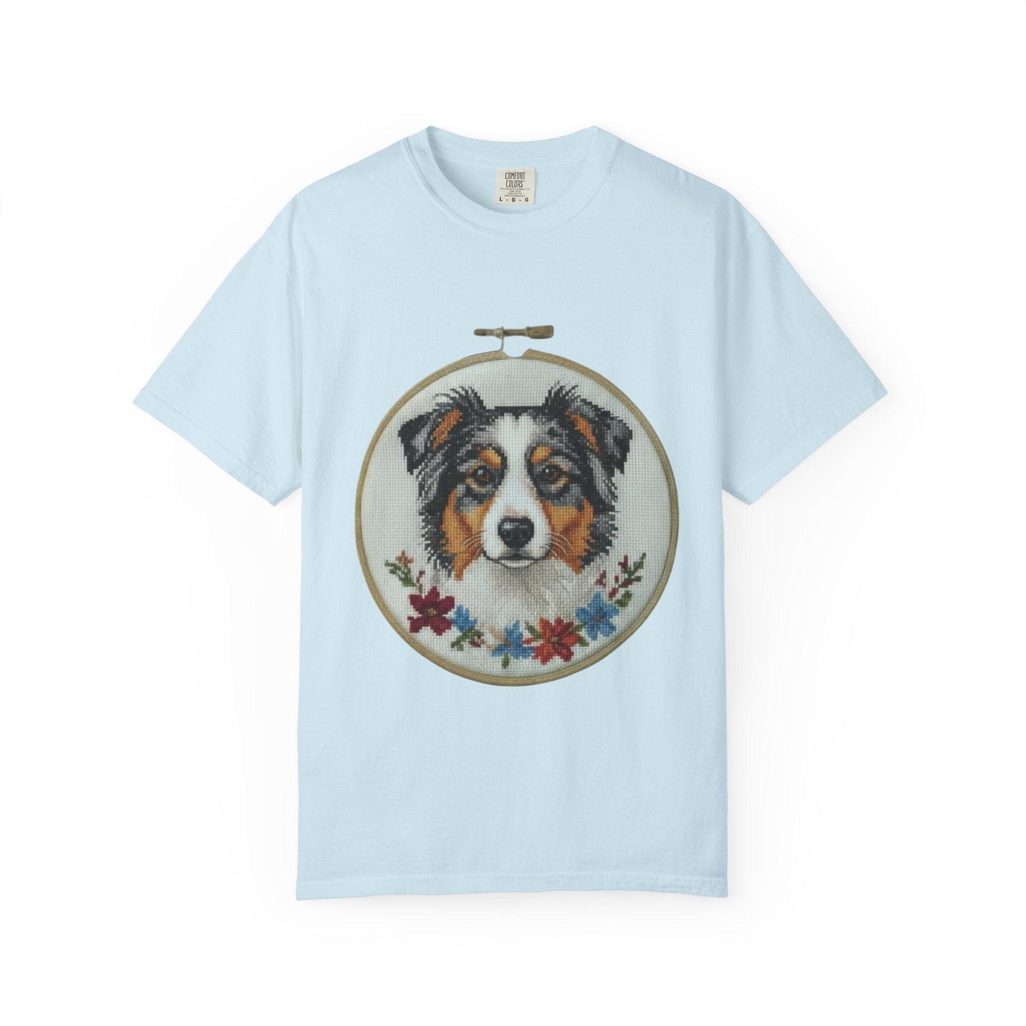 Australian Shepherd Portrait T-shirt | Embroidery Hoop Floral Design