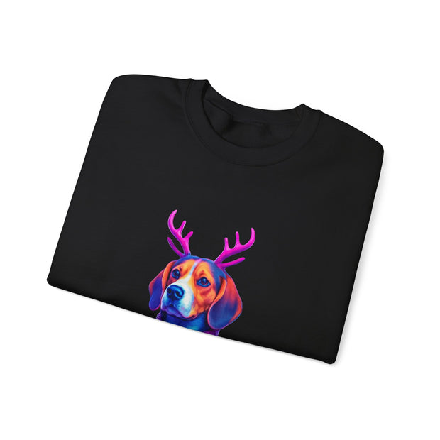 Beagle with Reindeer Antlers Sweatshirt | Colorful Holiday Dog Illustration