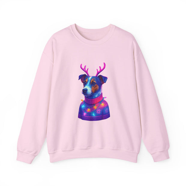 Neon Jack Russell in Reindeer Antlers Sweatshirt | Holiday Pet Portrait