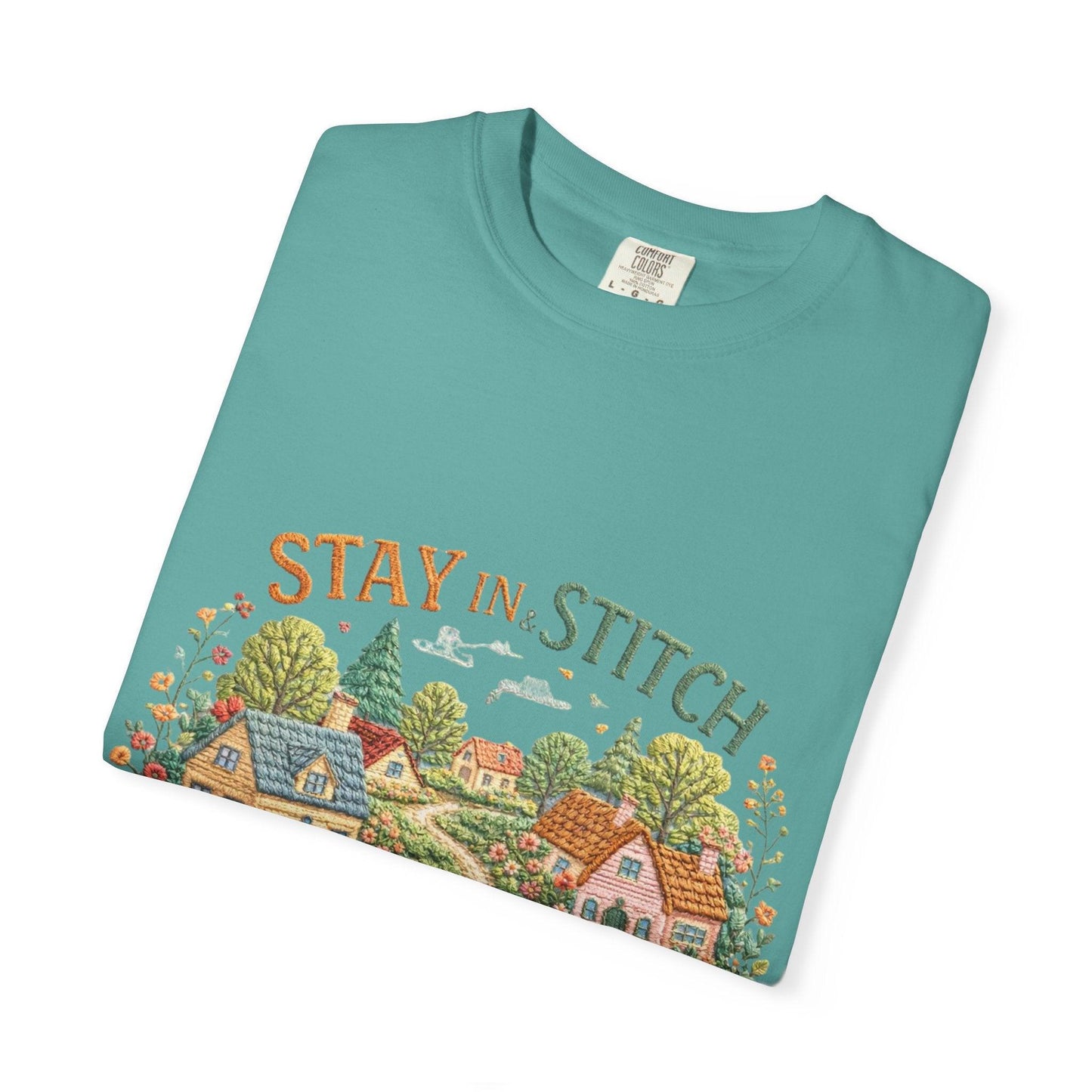 Stay In and Stitch Shirt, Cottagecore Sewing Tee, Grandma Hobbies Top, Vintage Cross Stitch Floral Village