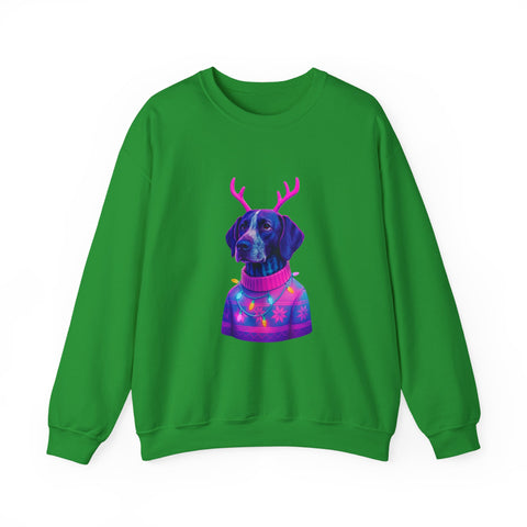 German Shorthaired Pointer with Reindeer Antlers Crewneck Sweatshirt | Neon Holiday Sweater Illustration