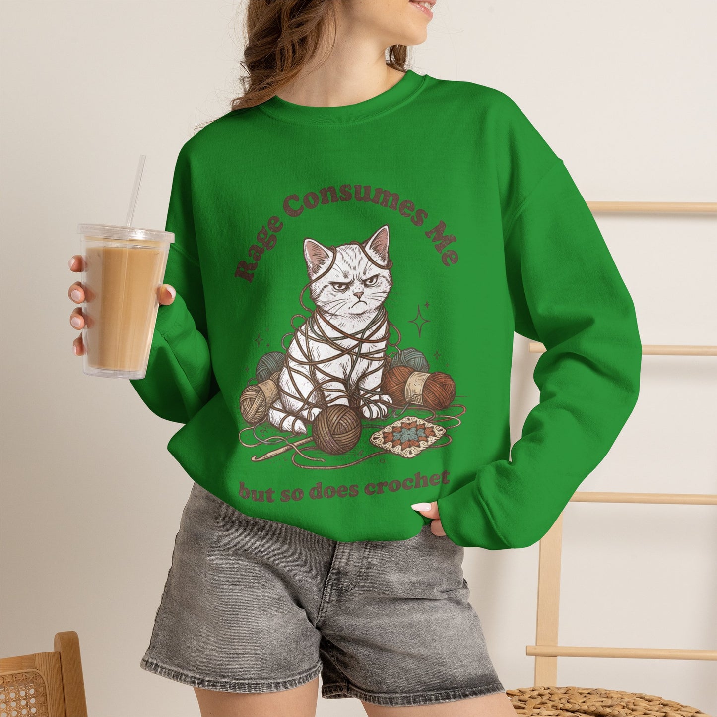 Rage Consumes Me Crochet Cat Shirt, Funny Knitting Tee, Grandma Hobbies Sweatshirt