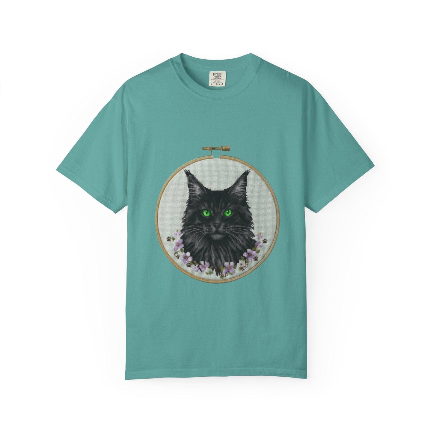 Black Cat Portrait T-Shirt | Embroidery Hoop Art, Green Eyes
