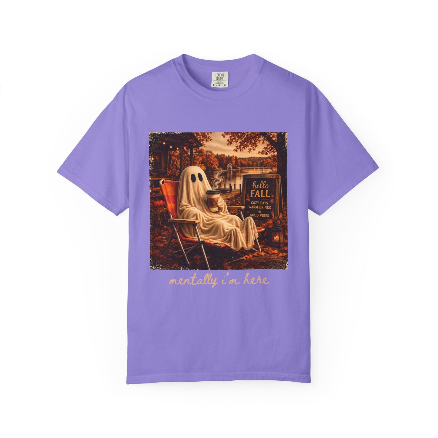 Cozy Ghost in Chair Fall T-shirt | Autumn Leaves, Retro Halloween Scene, Summerween